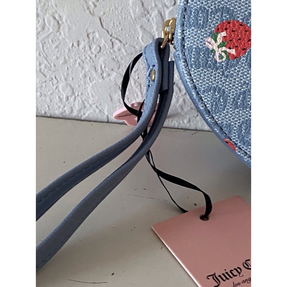 Juicy Couture Berry Sweet Coin Purse Wristlet Dusty Blue Red Strawberries NEW - Picture 3 of 10
